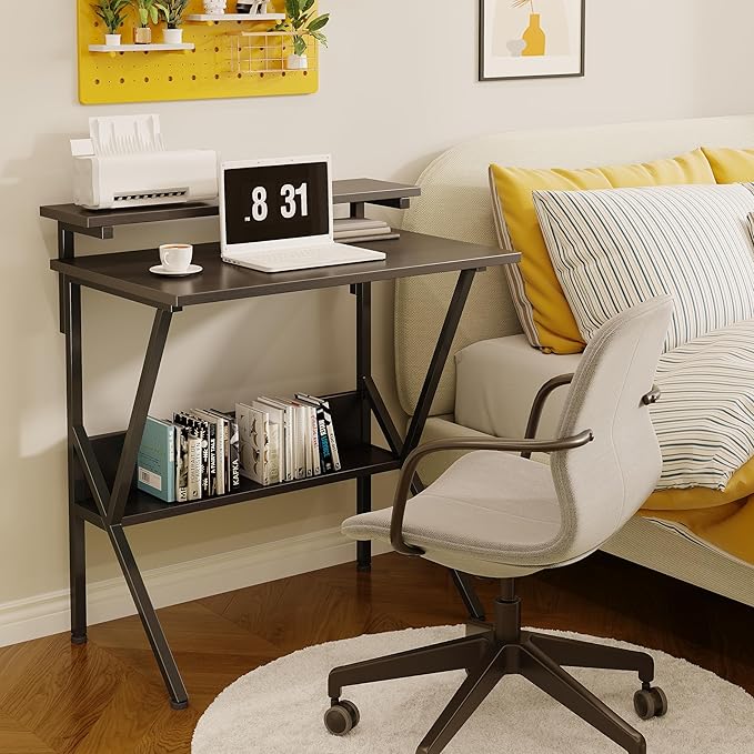 COTUBLR Small Desk, 27.5 Inch Small Computer Desk for Small Spaces, Computer Desk with Adjustable Monitor Stand, Compact Desk with Storage, Tiny Desk Study Desk for Bedroom Home Office, Black - LeafyLoom