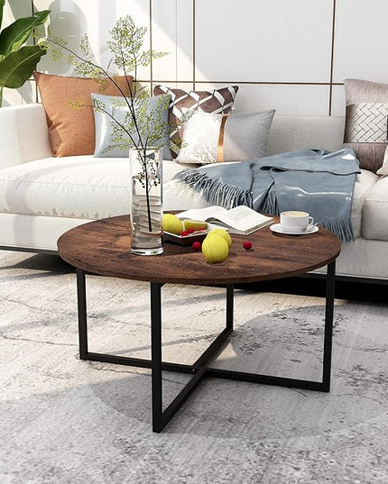 Round Coffee Table Kitchen Dining Table Modern Tea Table Office Conference Pedestal Desk Computer Study Desk Rustic Brown/Black - LeafyLoom