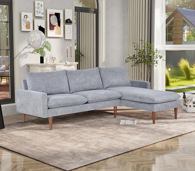 Sectional 86" Velvet Upholstered L-Shaped Sofa with Padded Cashmere,Multi-Functional 3 Seat Convertible Sleeper Couch w/Tapered Wood Legs and Adjustable Backrest,for Living Room,Grey - LeafyLoom