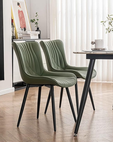 YOUTASTE Dining Chairs Set of 2 Upholstered Mid Century Modern Kitchen Dining Living Room Chairs Armless Faux Leather Accent Chair Metal Vanity Lounge Chair with Back for Bedrooms,Olive Green - LeafyLoom