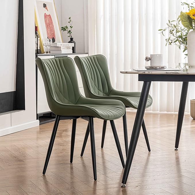 YOUTASTE Dining Chairs Set of 2 Upholstered Mid Century Modern Kitchen Dining Living Room Chairs Armless Faux Leather Accent Chair Metal Vanity Lounge Chair with Back for Bedrooms,Olive Green - LeafyLoom