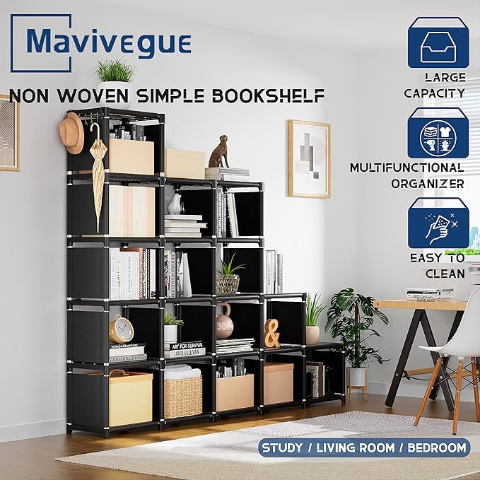 Mavivegue Bookcase, 18-Cube Extra Large Book Shelf, DIY Cube Storage Organizer for Bedroom, Living Room, Home Office - Black - LeafyLoom