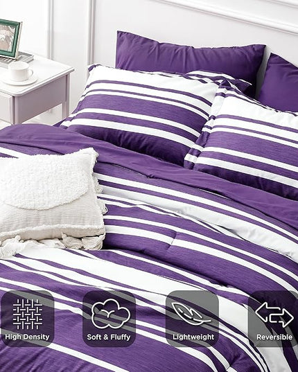 Bedsure Bed in a Bag Queen Size 7-Piece Purple White Striped Bedding Comforter Sets All Season Bed Set, 2 Pillow Shams, Flat Sheet, Fitted Sheet and 2 Pillowcases - LeafyLoom