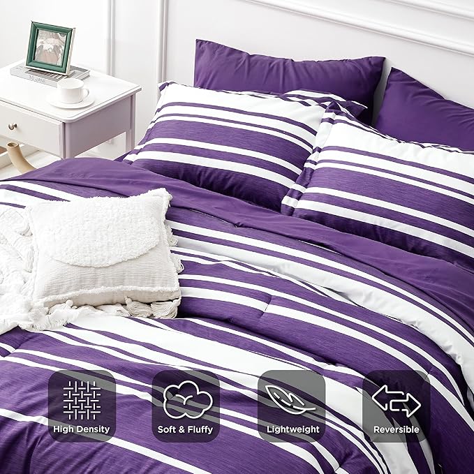 Bedsure Bed in a Bag California King Size 7-Piece Purple White Striped Bedding Comforter Sets All Season Bed Set, 2 Pillow Shams, Flat Sheet, Fitted Sheet and 2 Pillowcases - LeafyLoom