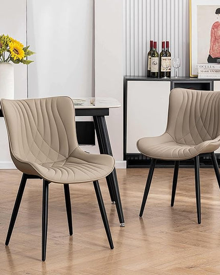 YOUTASTE Dining Chairs Set of 2 Upholstered Mid Century Modern Kitchen Dining Room Chairs Armless Faux Leather Accent Chairs Metal Vanity Lounge Chair with Back for Living Room Bedrooms,Khaki - LeafyLoom
