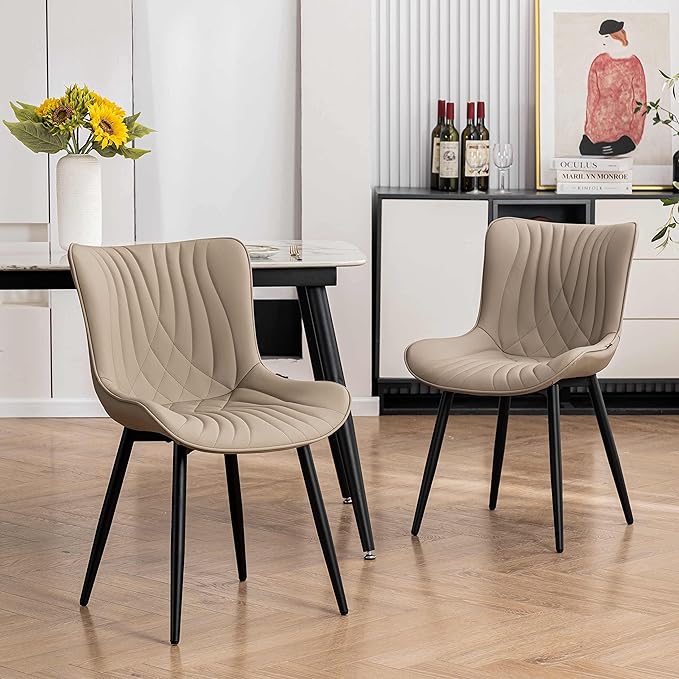 YOUTASTE Dining Chairs Set of 2 Upholstered Mid Century Modern Kitchen Dining Room Chairs Armless Faux Leather Accent Chairs Metal Vanity Lounge Chair with Back for Living Room Bedrooms,Khaki - LeafyLoom