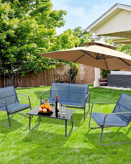 4 Pieces Patio Furniture Set Outdoor Patio Conversation Sets Poolside Lawn Chairs with Glass Coffee Table Porch Furniture for Courtyard, Garden and Balcony (Blue) - LeafyLoom