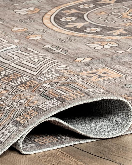 nuLOOM Tama Circle Medallion Machine Washable Ultra Thin Area Rug, 8' x 10', Brown - LeafyLoom