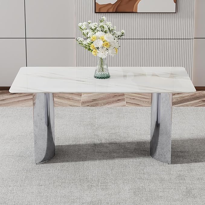 NicBex 63Inch Rectangular Dining Table,Modern Kitchen Table with Imitation Marble Glass Sticker Tabletop and Stainless Steel Legs for 6 to 8,Dining Room Table for Kitchen,Meeting Living Room,White - LeafyLoom