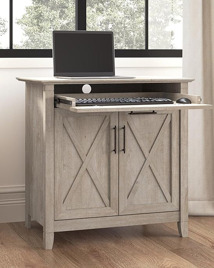 Bush Business Furniture Key West Secretary Desk with Keyboard Tray and Storage Cabinet, 30W x 20D, Washed Gray - LeafyLoom