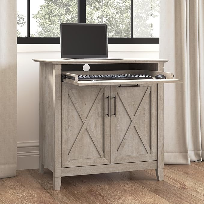 Bush Business Furniture Key West Secretary Desk with Keyboard Tray and Storage Cabinet, 30W x 20D, Washed Gray - LeafyLoom