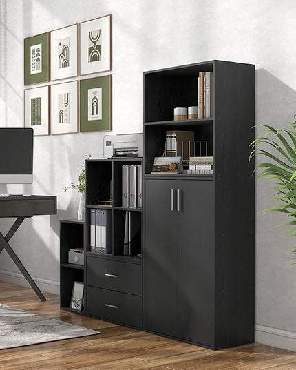 Apexa Stackable Wood Bookcase with Doors, Cube Storage Organizer Shelves, Small Food Pantry, Dorm Teen Room Decor & Bedroom, Home Office, Kitchen, 3-Tier Cabinet, Black - LeafyLoom