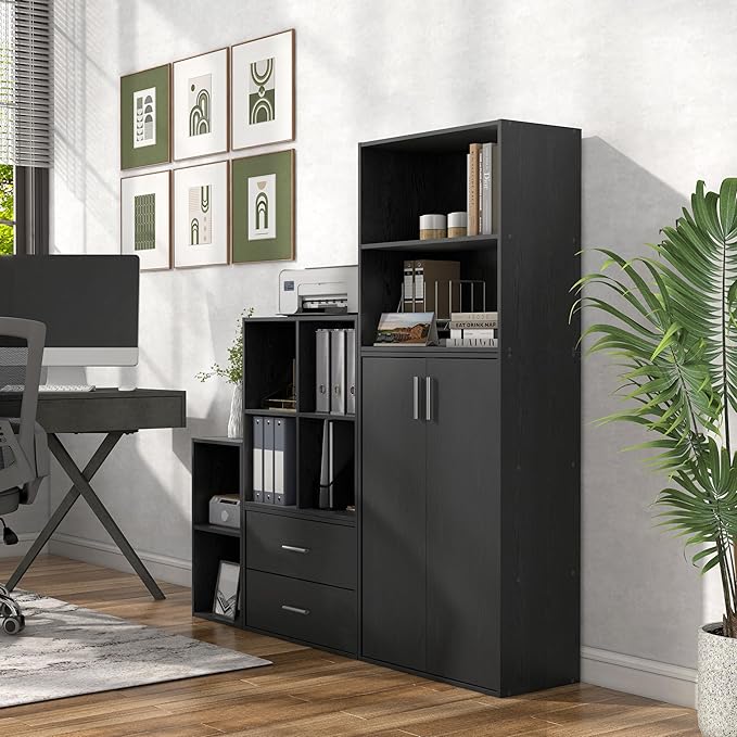 Apexa Stackable Wood Bookcase with Doors, Cube Storage Organizer Shelves, Small Food Pantry, Dorm Teen Room Decor & Bedroom, Home Office, Kitchen, 3-Tier Cabinet, Black - LeafyLoom