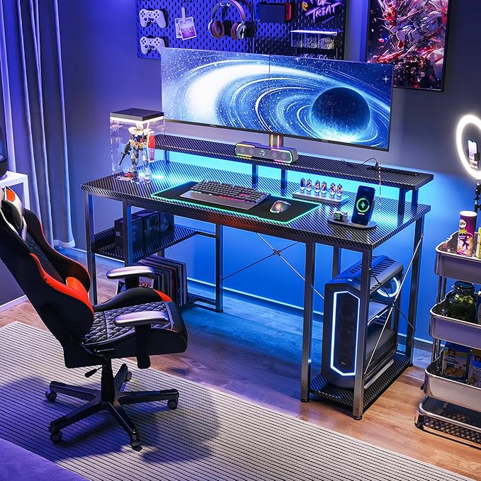 ODK 48 inch Computer Desk with Power Outlets & LED Lights, Gaming Desk with Monitor Stand & Storage Sheves, Home Office Desk, Carbon Fiber Black - LeafyLoom