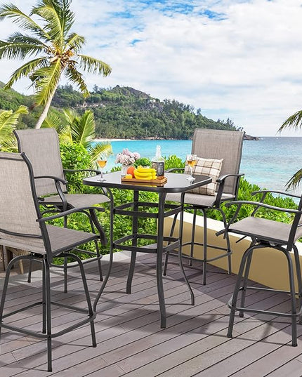 Shintenchi 5 Pieces Outdoor Swivel Bar Set, All Weather Textile Fabric Patio High Bar Stool Bistro Set with 4 Height Back Bar Chairs and Glass Table for Home, Backyard, Garden, Lawn, Porch - LeafyLoom