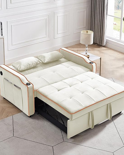 3-in-1 Velvet Upholstered Sofabed Tufted Futon Loveseat Sofa Convertible Sleeper Couch Bed with Cupholders and USB Charging Ports,Modern 2-Seaters Love Seat Daybed for Living Room, 55.2", Beige1 - LeafyLoom