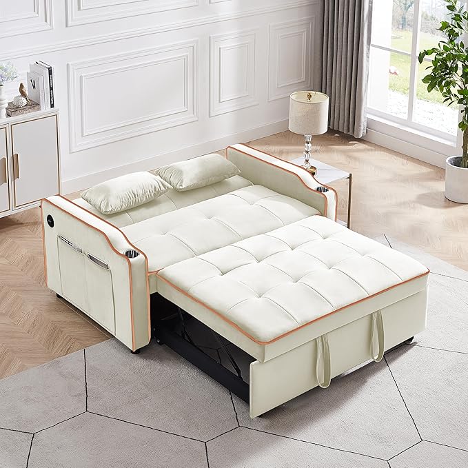 3-in-1 Velvet Upholstered Sofabed Tufted Futon Loveseat Sofa Convertible Sleeper Couch Bed with Cupholders and USB Charging Ports,Modern 2-Seaters Love Seat Daybed for Living Room, 55.2", Beige1 - LeafyLoom