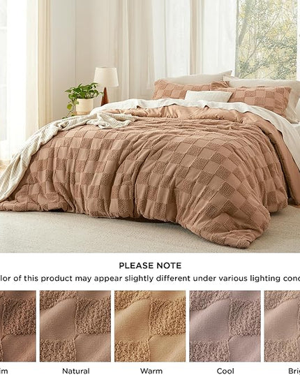 Bedsure Queen Size Comforter Set Taupe, Boho Tufted Bedding Comforter Set, Checkered Farmhouse Shabby Chic Bed Set, 3 Pieces, 1 Plaid Geometric Comforter and 2 Pillow Shams - LeafyLoom