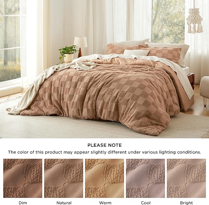 Bedsure Queen Size Comforter Set Taupe, Boho Tufted Bedding Comforter Set, Checkered Farmhouse Shabby Chic Bed Set, 3 Pieces, 1 Plaid Geometric Comforter and 2 Pillow Shams - LeafyLoom