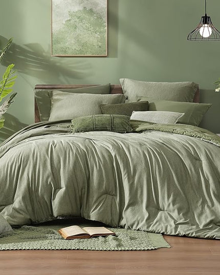 Monbix King Size Comforter Set, Sage Green King Size Bed Set Reversible, King Size Comforter Set 7 Pieces, Cationic Dyeing Bed in a Bag with Comforter, Sheets, Pillowcases & Shams - LeafyLoom