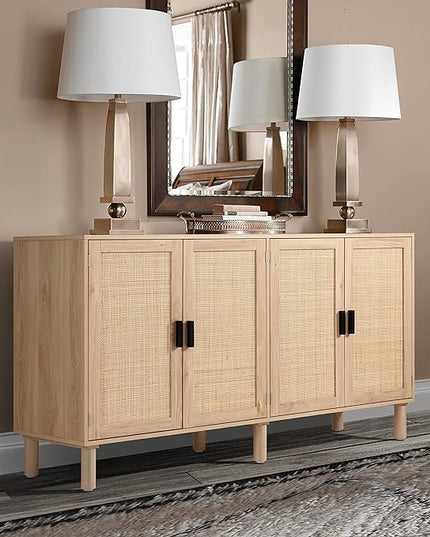 Finnhomy 4 Door Sideboard Buffet Cabinet, Kitchen Storage Cabinet with Rattan Decorated Doors, Cupboard Console Table, Boho Accent Liquor Cabinet, Bar Cabinet, 62.3X 15.7X 34.6 Inches, Natural - LeafyLoom