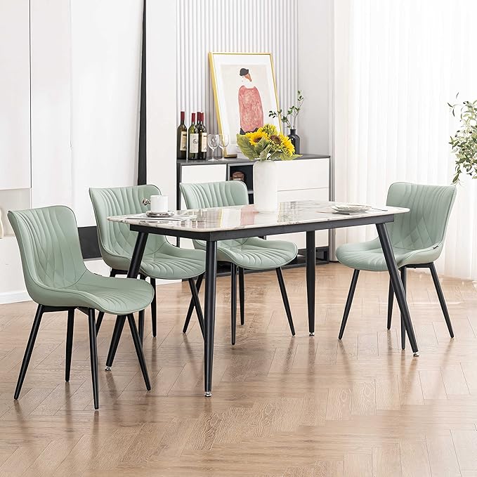 YOUTASTE Sage Green Dining Chairs Set of 2 Upholstered Mid Century Modern Kitchen Dining Room Chairs Armless Faux Leather Accent Chairs Metal Vanity Lounge Chair with Back for Bedrooms, Mint Green - LeafyLoom