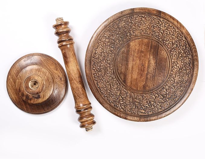 Round End Table,Small Table,Side Table, Side Tables Living Room,End Table,Round Side Table,Altar Table, Carved Side Table,Wood Accent Table,Carved Wood Table Single Pillar 18x22 inch Burnt - LeafyLoom