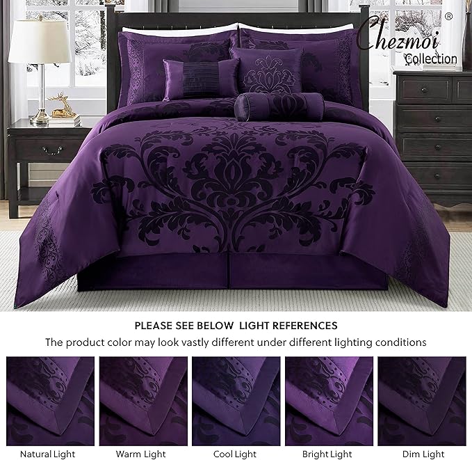 Chezmoi Collection 7-Piece Jacquard Floral Comforter Set (Full, Purple/Dark Purple) - LeafyLoom