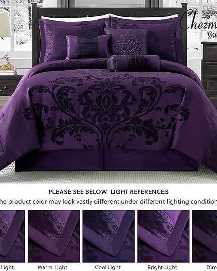 Chezmoi Collection Royale 7-Piece Jacquard Floral Comforter Set, Oversized Queen, Purple/Dark Purple - LeafyLoom