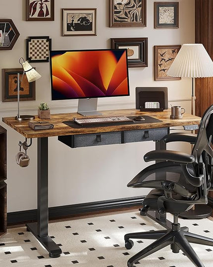 Height Adjustable Desk with Keyboard Tray, 55 x 24 Inches Electric Standing Desk, Stand up Computer Table with Memory Preset, Dark Brown, Splice Board - LeafyLoom