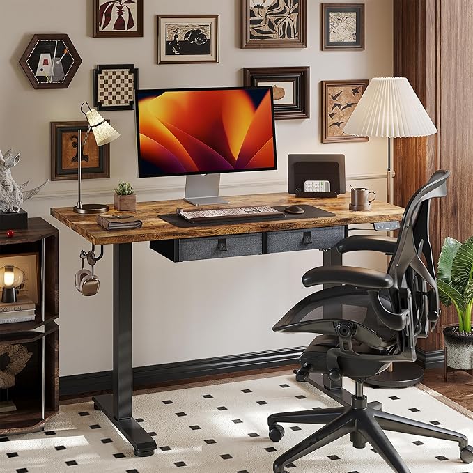 Height Adjustable Desk with Keyboard Tray, 55 x 24 Inches Electric Standing Desk, Stand up Computer Table with Memory Preset, Dark Brown, Splice Board - LeafyLoom