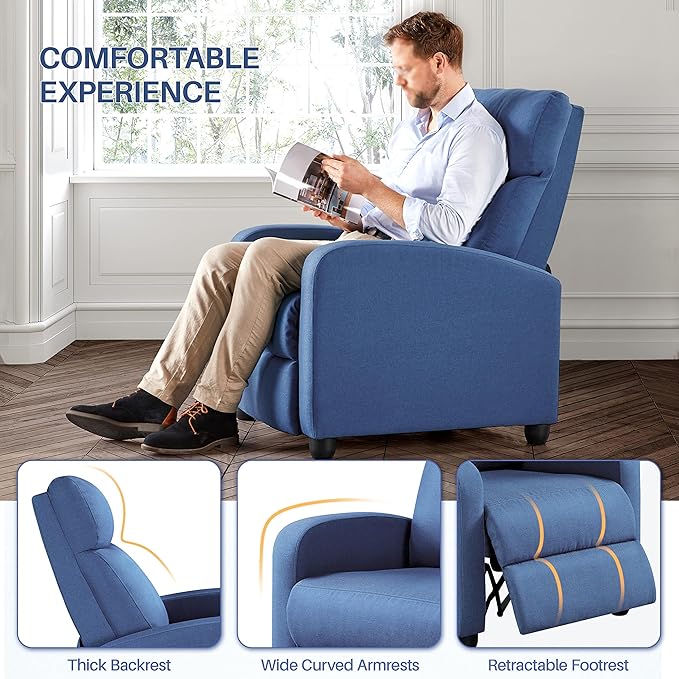 Yaheetech Fabric Recliner Chair Sofa Ergonomic Adjustable Single Sofa with Thicker Seat Cushion Modern Home Theater Seating for Living Room Light Blue - LeafyLoom