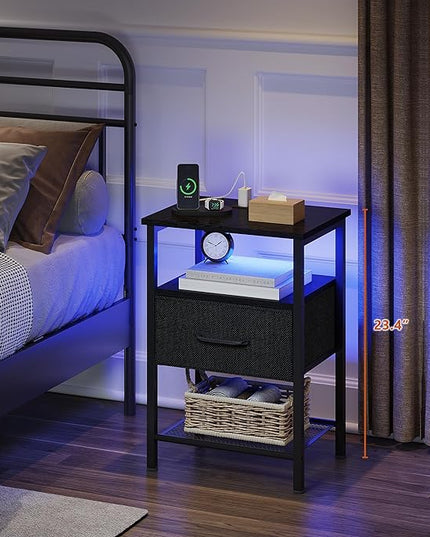 Night Stand Set 2, End Table with Charging Station, LED Bedside Table with Fabric Drawer for Bedroom, 3-Tier Side Table with Open Shelf, Black - LeafyLoom