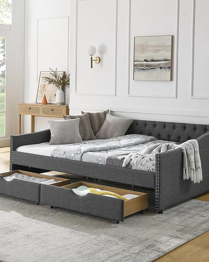 Queen Size Daybed with Two Storage Drawers, Linen Upholstered Tufted Sofa Bed w/Button on Back and Copper Nail on Waved Shape Arms, for Bedroom Living Room, No Box Spring Needed, Dark Grey - LeafyLoom