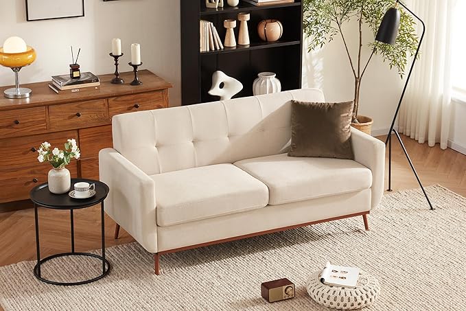 65" Loveseat Sofa, Mid Century Modern Love Seat Couches for Living Room, Comfy Upholstered Sofa Couch for Bedroom, Tufted Design 2 Seater Love Seat Sofa for Small Spaces (Linen-Beige) - LeafyLoom