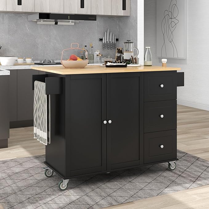 Kitchen Cart with Wood Top and Drop Leaf Breakfast Bar, Rolling Mobile Kitchens Island w/Storage and Towel Rack, Large Storage Cabinet Table for Dinning Room - LeafyLoom