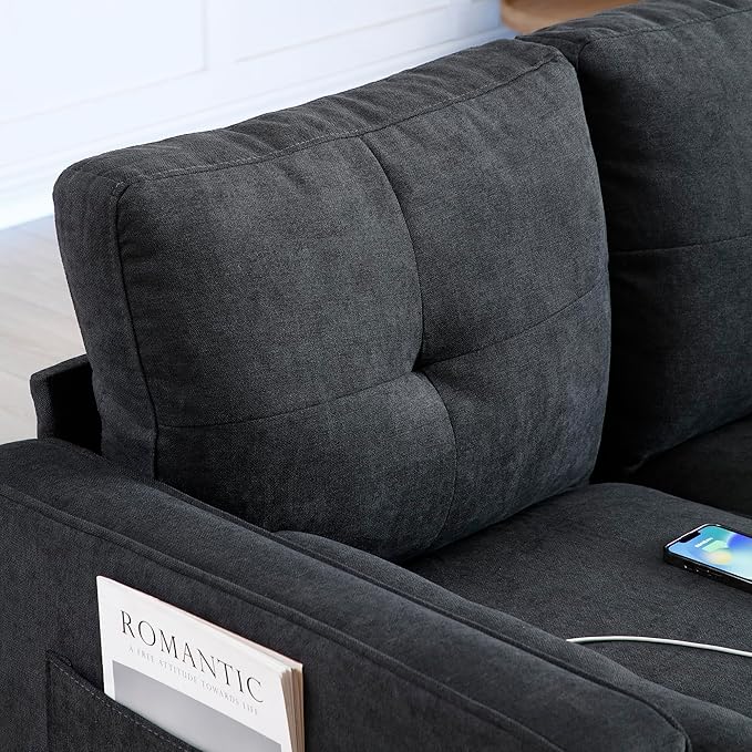 3 Seater L Shaped Convertible Sectional Sofa Couch with Reversible Chaise , Linen Upholstered Corner Sleeper Lounge Sofá with 2 USB Ports and LED Lights ,Storage for Small Space Living Room Apartment - LeafyLoom