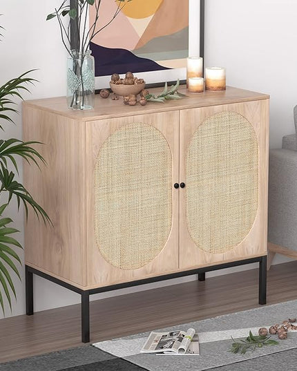 XIAO WEI Set of 3 Sideboard with Handmade Natural Rattan Doors, Rattan Cabinet Console Table Storage Cabinet Buffet Cabinet, for Kitchen, Living Room, Dining, Entryway, Oval Doors - LeafyLoom