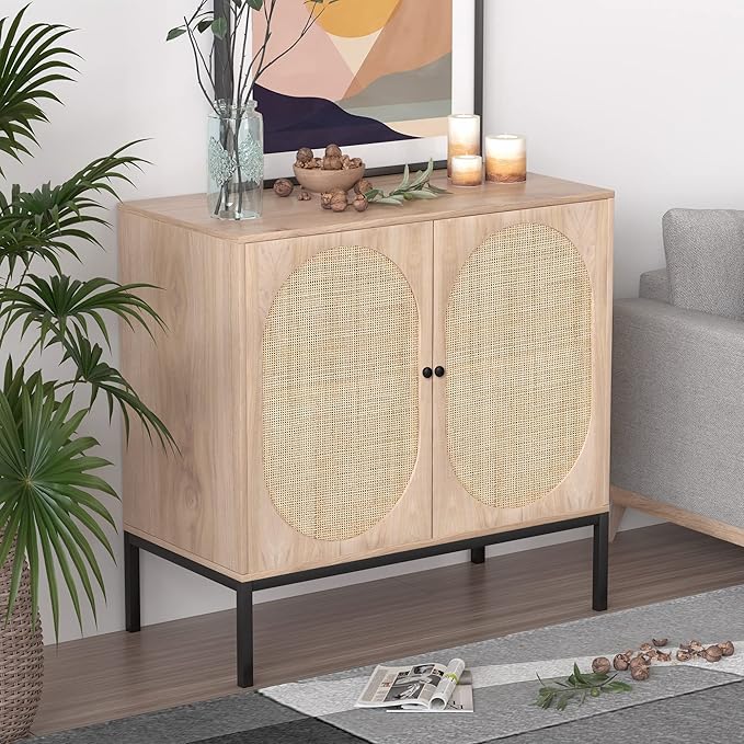XIAO WEI Set of 3 Sideboard with Handmade Natural Rattan Doors, Rattan Cabinet Console Table Storage Cabinet Buffet Cabinet, for Kitchen, Living Room, Dining, Entryway, Oval Doors - LeafyLoom