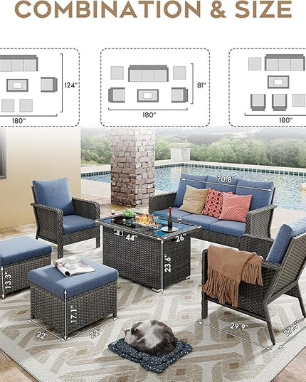 Yechen Patio Conversation Set with 44" Propane Gas Fire Pit Table - 6 Pcs Outdoor Wicker Furniture Set with Lid & Wind Shields - Luxury 7 Seats Sectional Sofa Set for Porch,Backyard - LeafyLoom