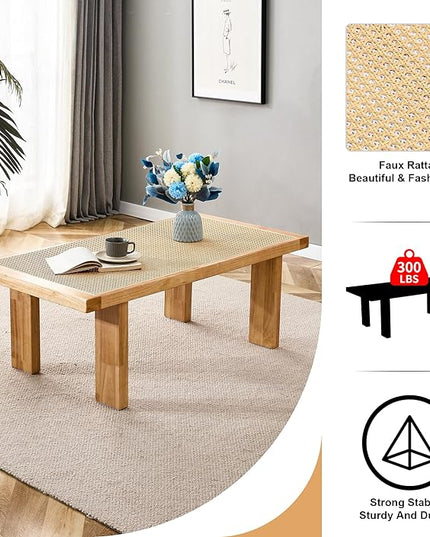 47.24'' Modern Rattan Coffee Table Imitation Rattan Tabletop with Rubber Wooden Legs Rectangle Coffee Tea Table for Living Room Dining Room - LeafyLoom