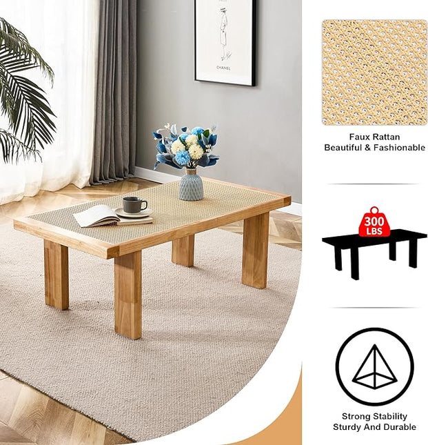 47.24'' Modern Rattan Coffee Table Imitation Rattan Tabletop with Rubber Wooden Legs Rectangle Coffee Tea Table for Living Room Dining Room - LeafyLoom