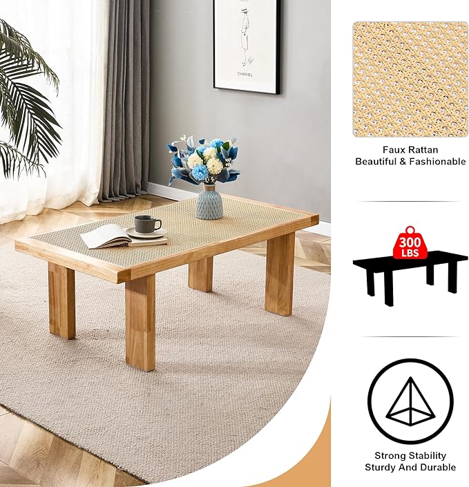 47.24'' Modern Rattan Coffee Table Imitation Rattan Tabletop with Rubber Wooden Legs Rectangle Coffee Tea Table for Living Room Dining Room - LeafyLoom