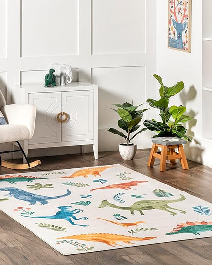 nuLOOM Eamon Dinosaur Machine Washable Kids Ultra Thin Area Rug, 4' x 6', White Multi - LeafyLoom