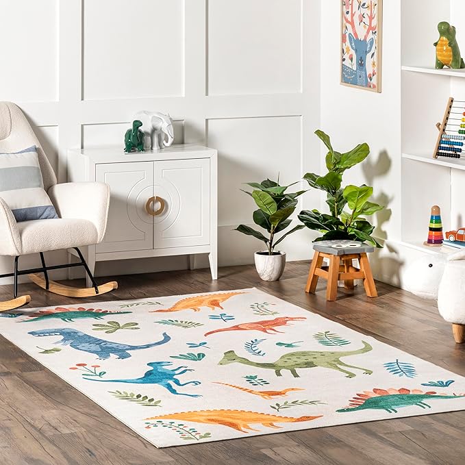 nuLOOM Eamon Dinosaur Machine Washable Kids Ultra Thin Area Rug, 4' x 6', White Multi - LeafyLoom