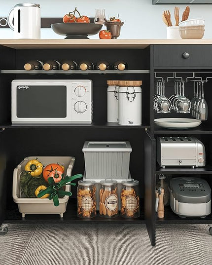 IRONCK Rolling Kitchen Island Cart with Drop-Leaf and Wine Rack, Microwave Rack Serving Cart on Wheels with Drawer & Shelves & Spice Rack & Cup Hanging, Black - LeafyLoom