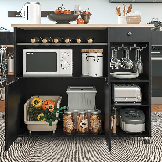 IRONCK Rolling Kitchen Island Cart with Drop-Leaf and Wine Rack, Microwave Rack Serving Cart on Wheels with Drawer & Shelves & Spice Rack & Cup Hanging, Black - LeafyLoom