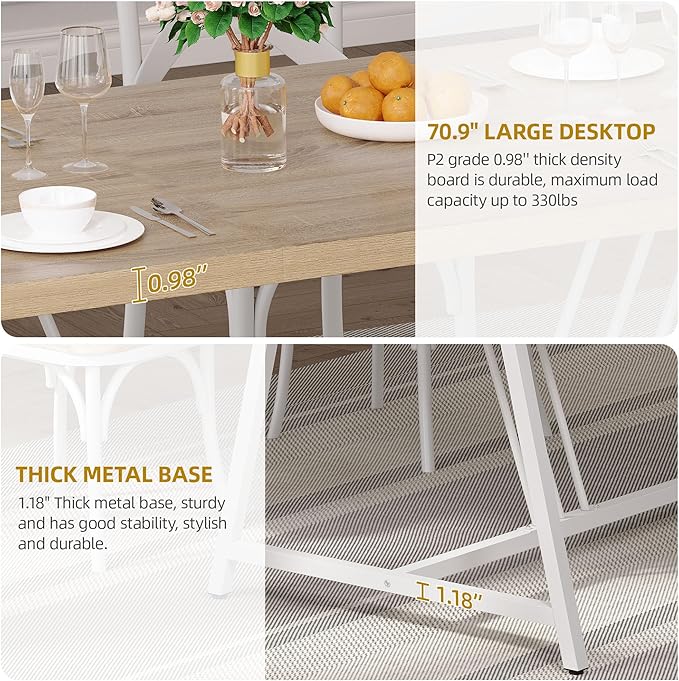 DWVO Farmhouse Dining Table for 6-8 People, 70.9 Inch Large Rectangular Wood Kitchen Table with Heavy Duty Metal Legs, Industrial Rustic Dinner Table for Dining Room, Living Room, Washed Grey - LeafyLoom