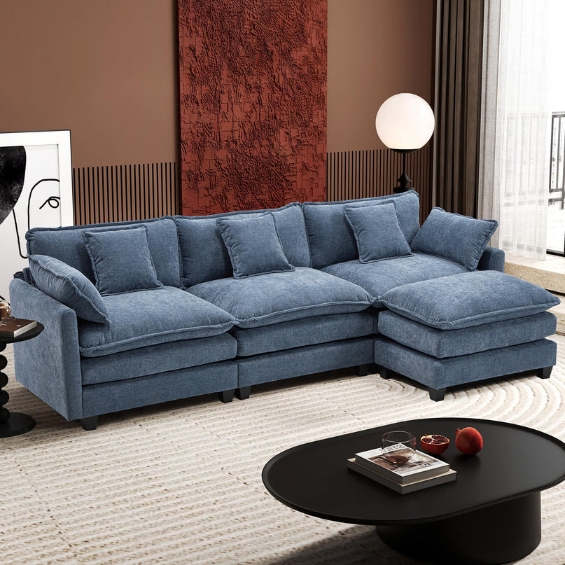 Ihanherry 111.4" L Shaped Modern Sofa Modular Sectional Cloud Couch with Ottoman, 4-Seat Chenille Deep Seat Sofa with Pillow for Living Room, Bedroom and Apartment, Beige LeafyLoom