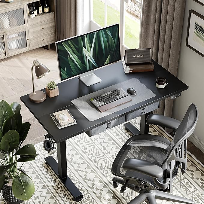 Standing Desk with 2 Drawers, Adjustable Height Electric Desk with Storage, 55 x 24 Inches Sit Stand Up Computer Table for Work Office Home, Black - LeafyLoom